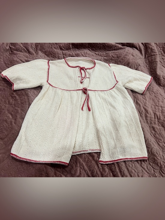 Handmade Sweaters - Cream crochet Knit open Cardigan with Red Trim